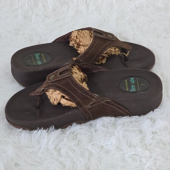 Sketchers Tone-ups Women’s Leather Sandals Brown Flip Flop Size 9 Wedge - Picture 4 of 8